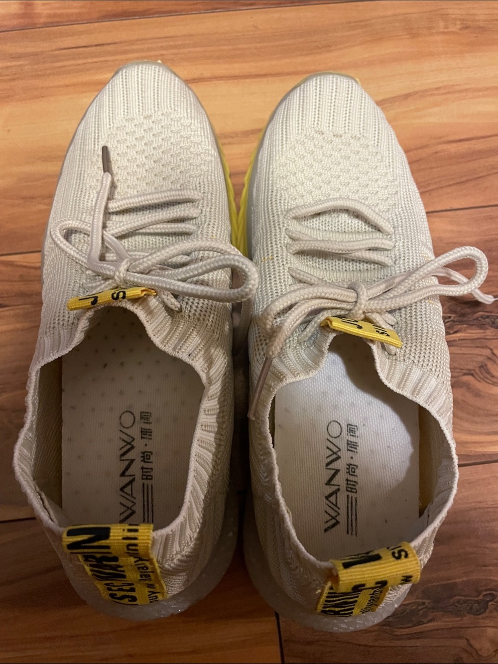 Wanwo Beige Knit Slip-On Sneakers  with Yellow Warning Tabs size 40